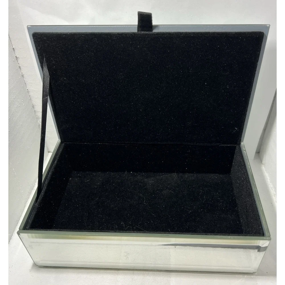 Tahari Home Etched Beveled Mirror Glass Velvet Lined Jewelry Box Flowers